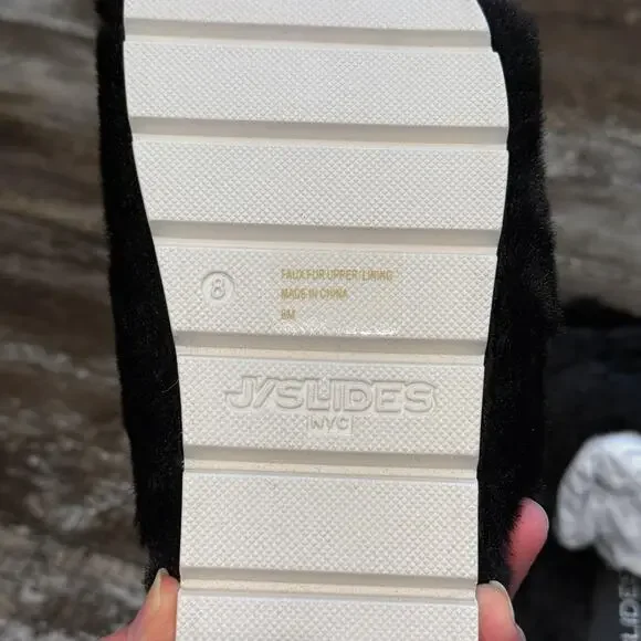 J/Slides NYC Shoes Womens Size 8 Black Faux Fur Bree Double Strap Slides NEW - Picture 10 of 11